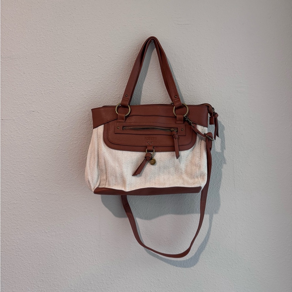 Boho Brown and Cream Shoulder Bag with Leather Accents and Lots of Storage - Picture 2 of 7